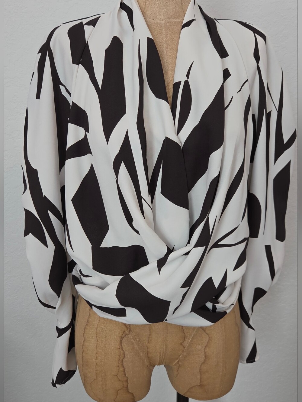 Express Black & White Abstract Draped Blouse